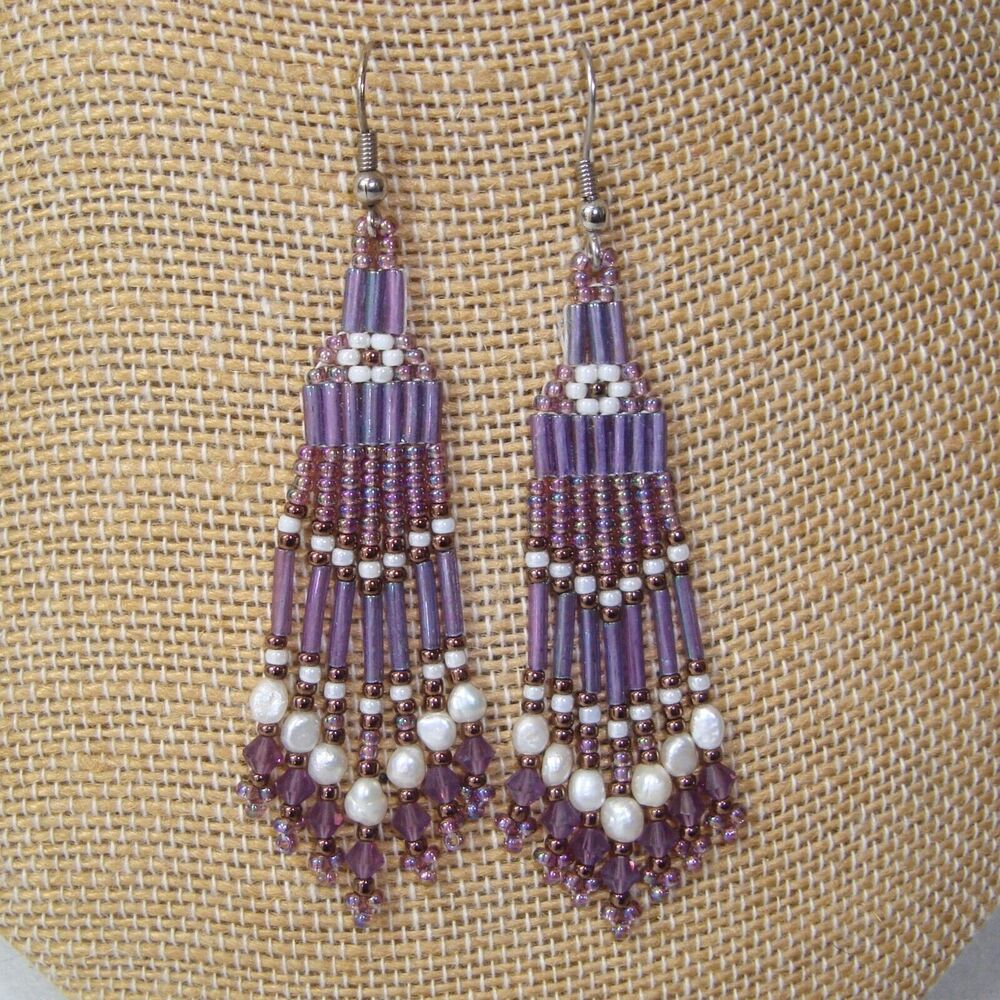 NEW Artisan Designed Handmade Purple Beaded Earrings Austrian Crystals Pearls